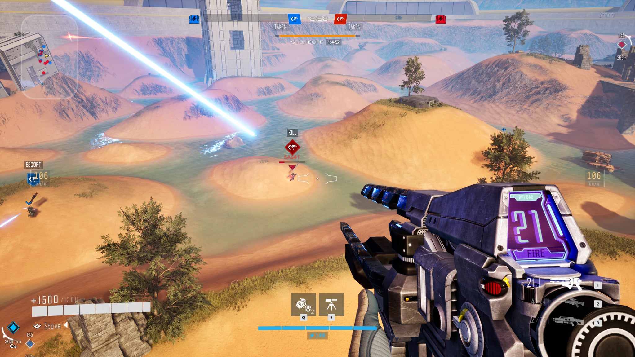 Firing a Spinfusor shot at a fleeing enemy flag carrier in Tribes 3: Rivals. - 3