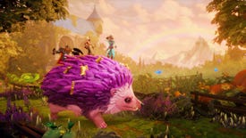 Three heroes ride a giant, purple hedgehog through greenery in a screenshot from Trine 5