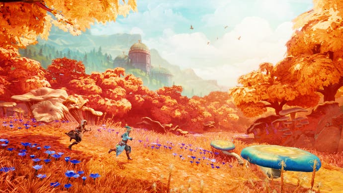 Trine 5 screen showing the wizard and rogue running through a very bright orange field with orange trees in a fantasy setting