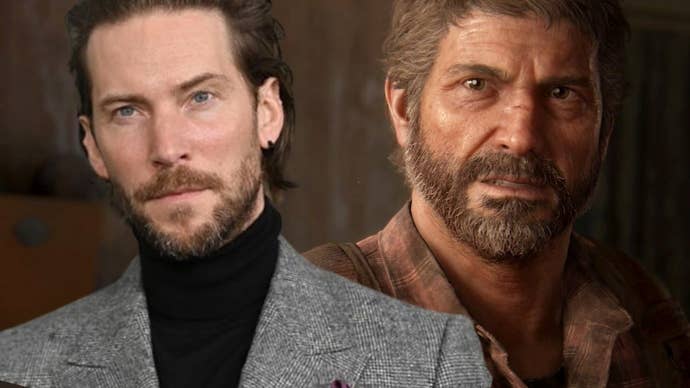 Troy Baker next to an image of Joel in The Last of Us