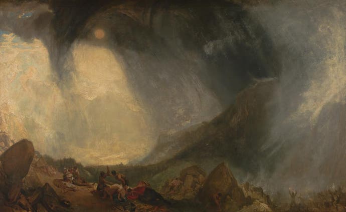 Turner's painting: Snow Storm: Hannibal and his Army Crossing the Alps, from 1812. A huge storm system dwarfs the mountains.