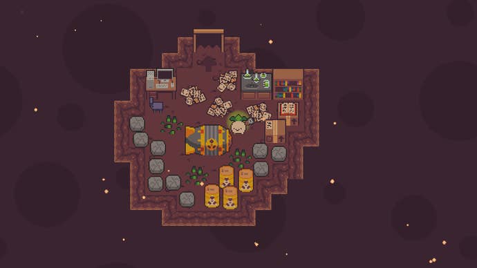 Turnip Boy stands beside a large nuclear bomb in Turnip Boy Commits Tax Evasion