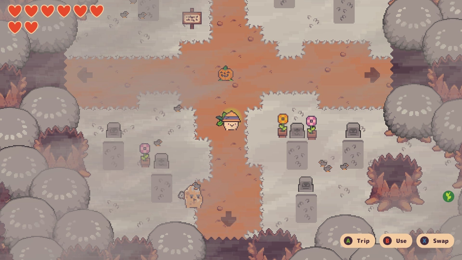 Turnip Boy stands in Grim Graveyard in Turnip Boy Commits Tax Evasion - 12