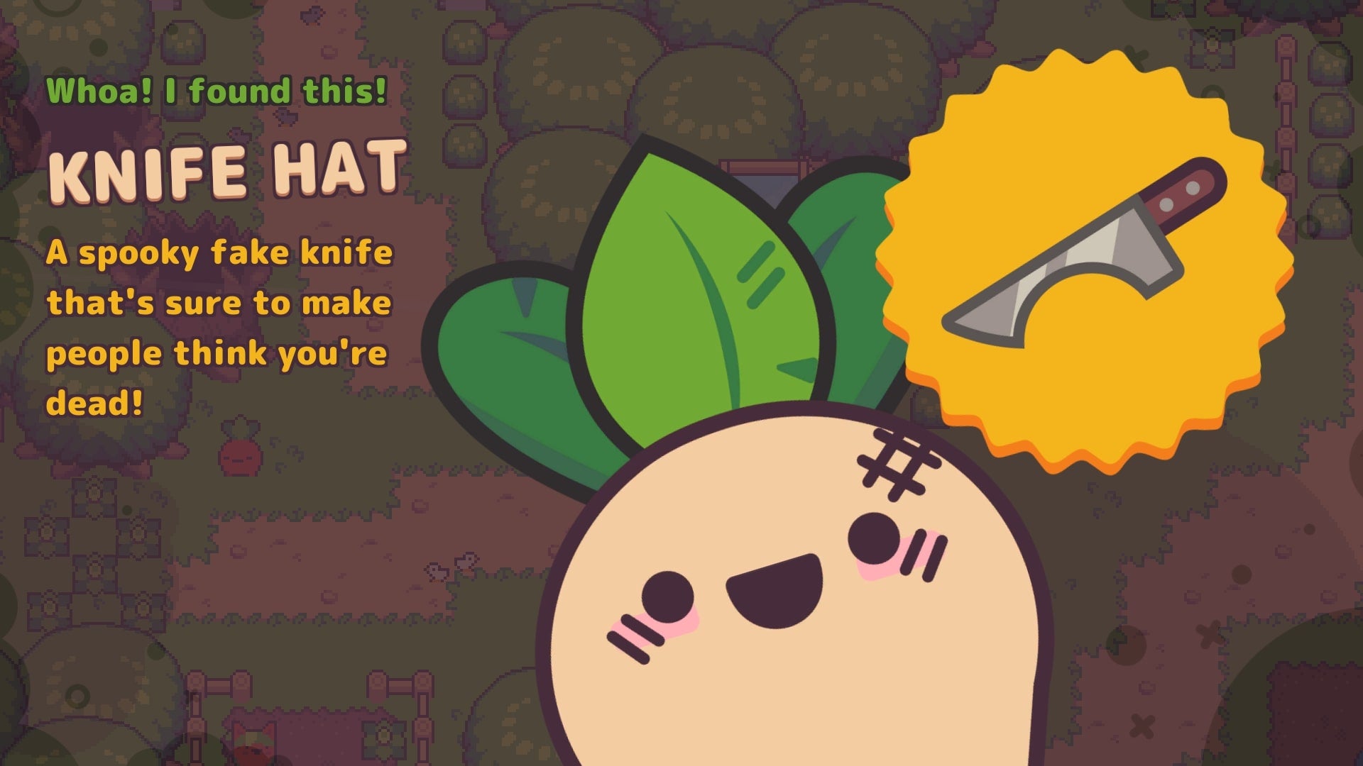 Turnip Boy receives the Knife Hat in Turnip Boy Commits Tax Evasion