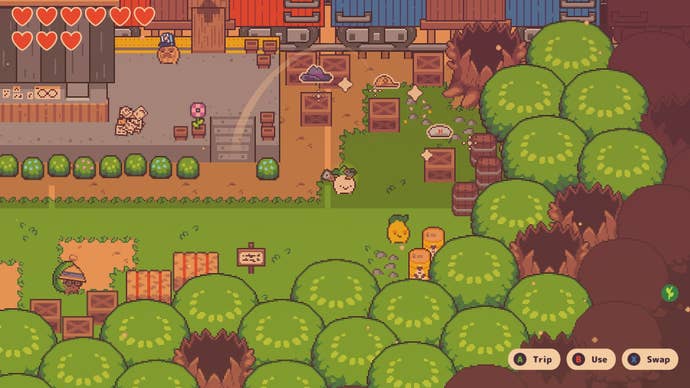 Turnip Boy stands beside Monty’s Shop at Sunset Station in Turnip Boy Commits Tax Evasion