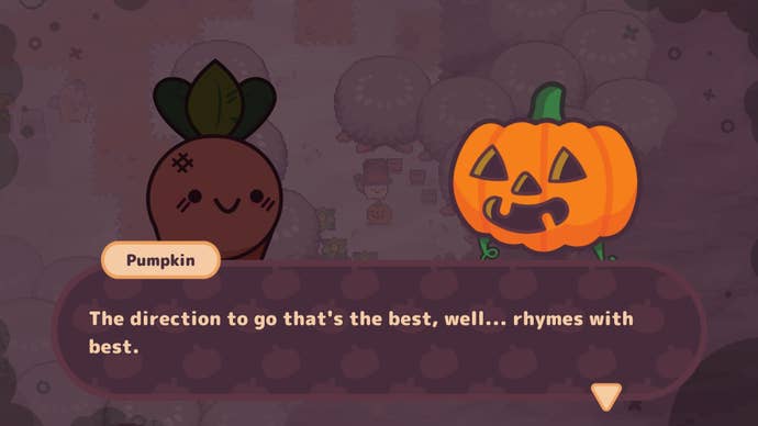 Turnip Boy listens to a Pumpkin telling him a riddle in Turnip Boy Commits Tax Evasion