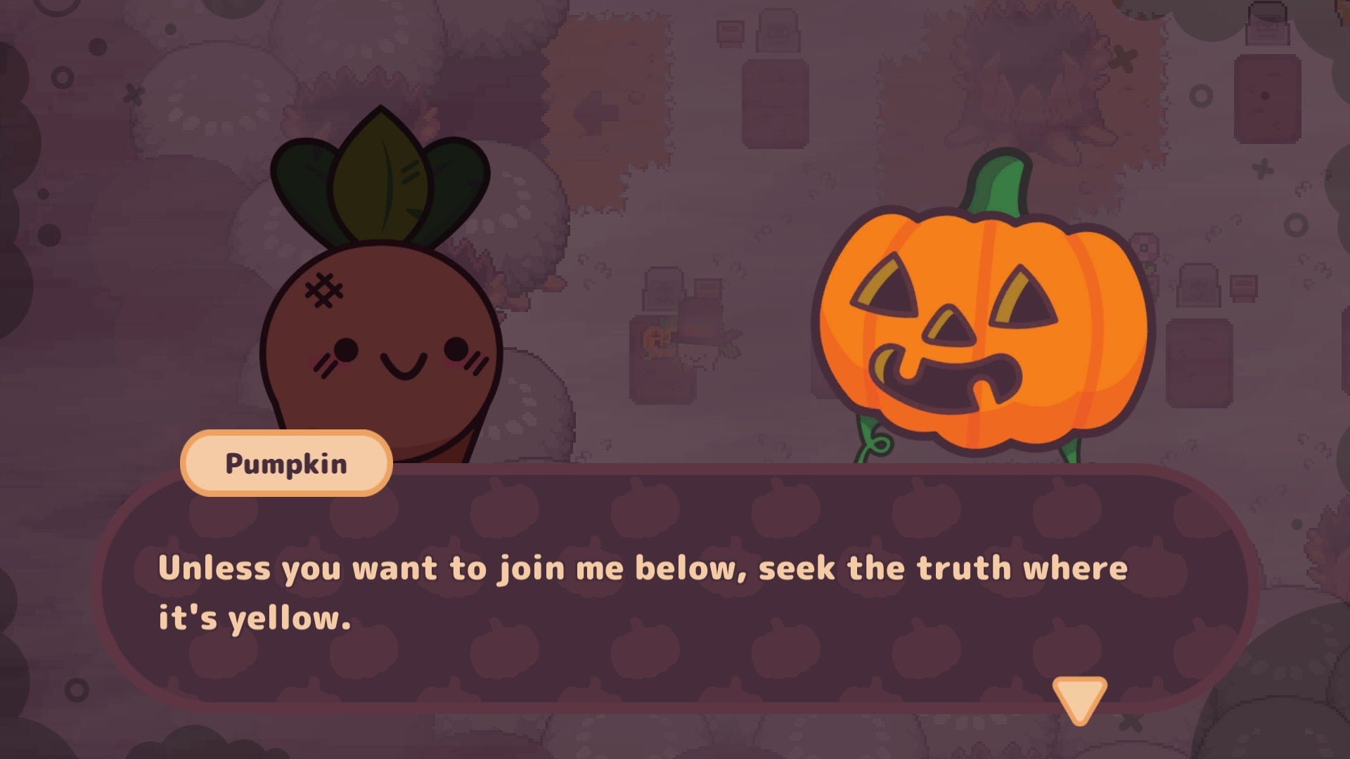 Turnip Boy listens to a Pumpkin telling him a riddle in Turnip Boy Commits Tax Evasion