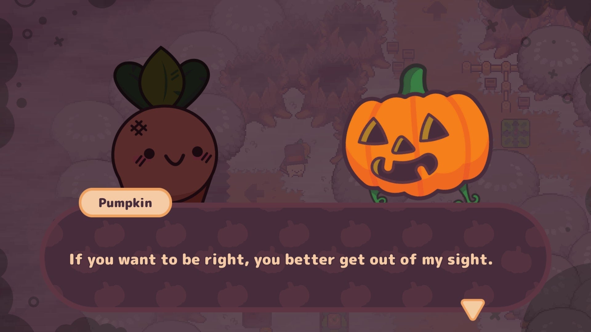 Turnip Boy listens to a Pumpkin telling him a riddle in Turnip Boy Commits Tax Evasion