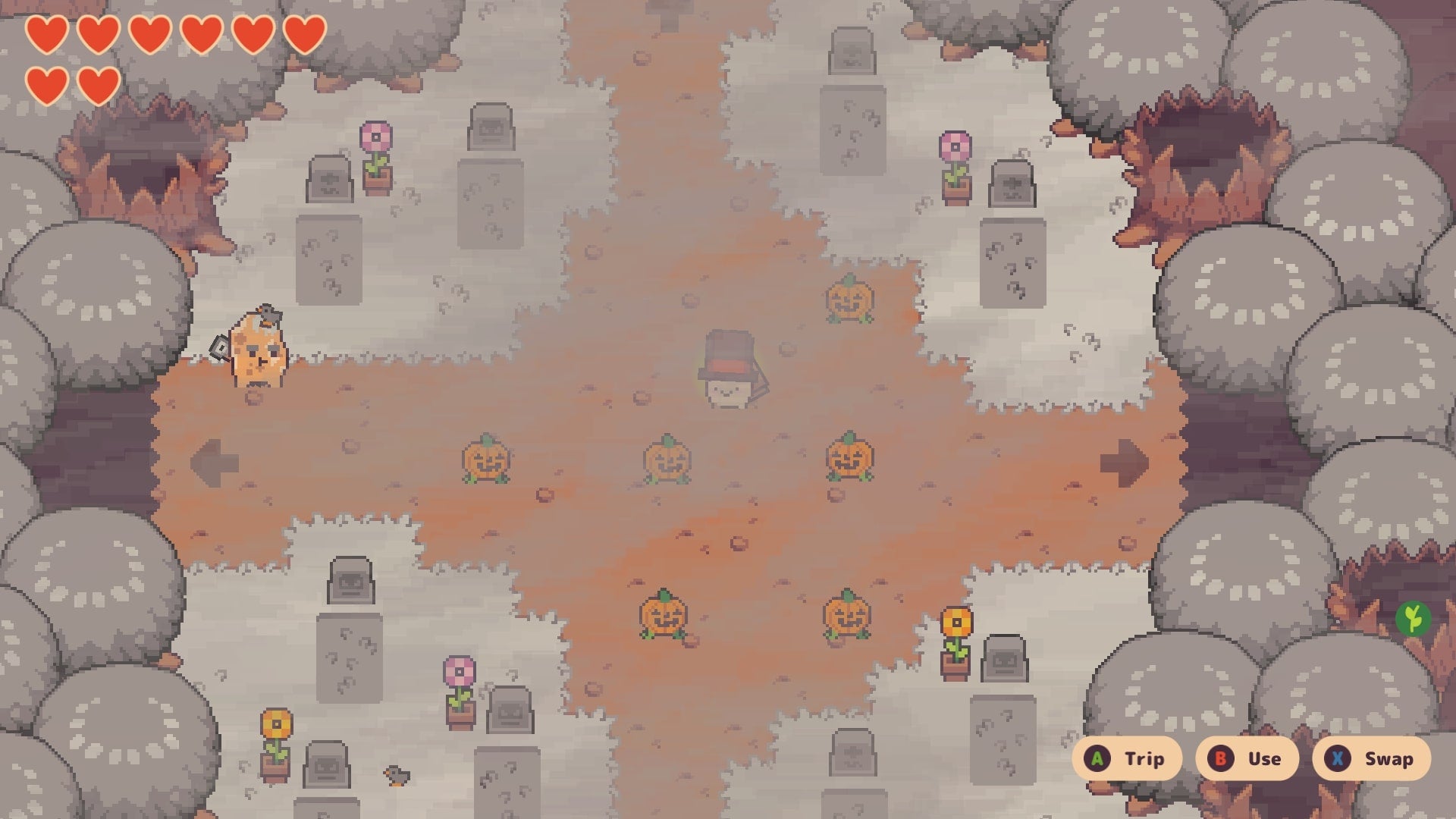 Turnip Boy stands near 6 pumpkins in Grim Graveyard in Turnip Boy Commits Tax Evasion