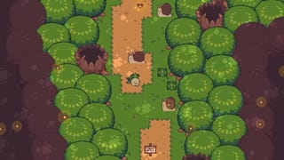 A screenshot of Turnip Boy showing the game's top-down 2D Zelda-like visuals. We see Turnip Boy on a road surrounded by trees and monsters.