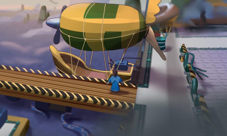Alien guy with a ponytail looks up at a blimp ship thingy in a screenshot from Twinsen’s Little Big Adventure 2