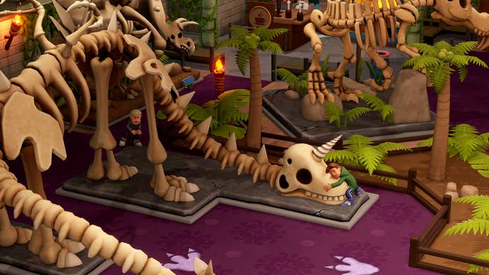 A close up of an exhibit - a fossilised dinosaur - can be seen in the Prehistory Museum in Two Point Museum, with a small guest hugging the head of the exhibit