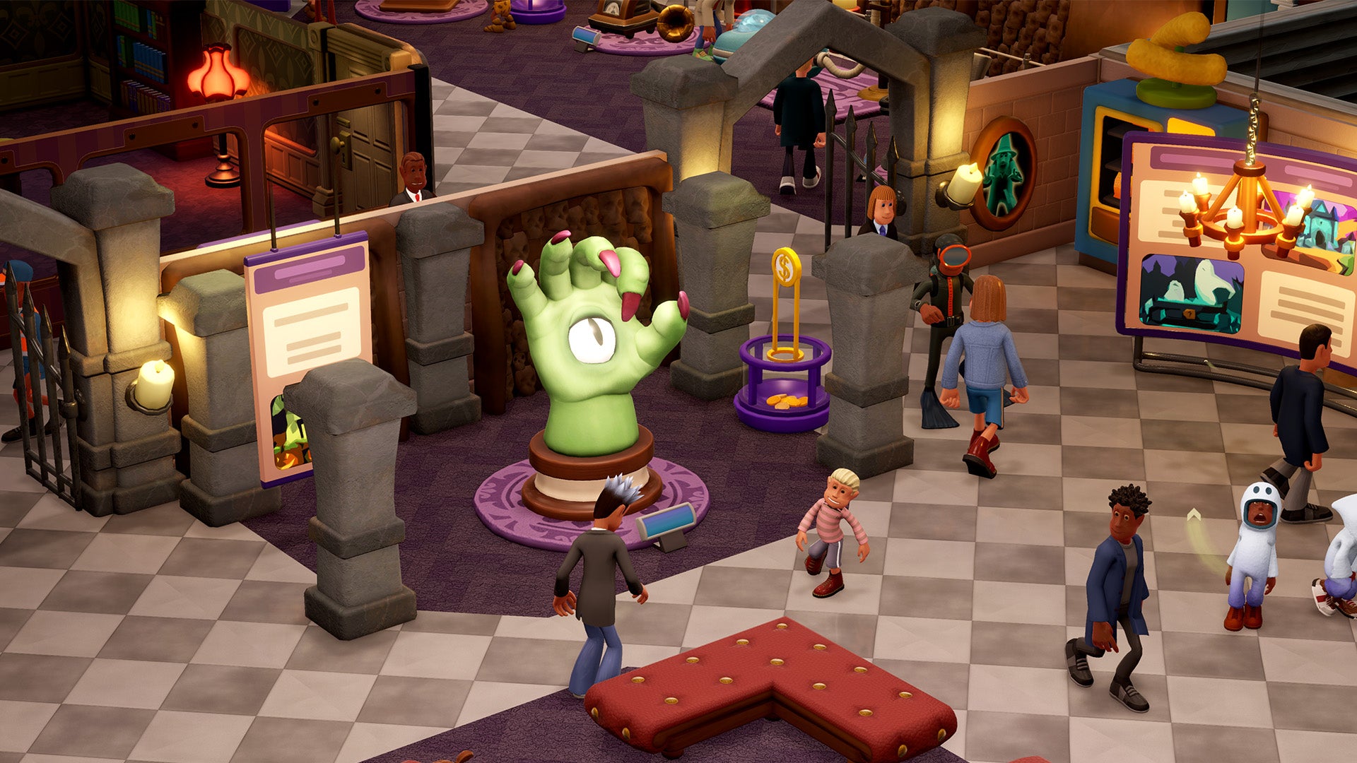 Multiple guests can be seen walking by a large hand statue in the Supernatural Museum in Two Point Museum