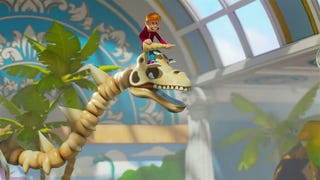 Screenshot of Two Point Museum announcement trailer showing child ripping horn off a dinosaur skeleton