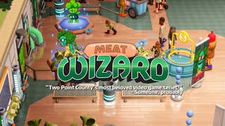 Screenshot of Two Point Museum with Meat Wizard logo over the top