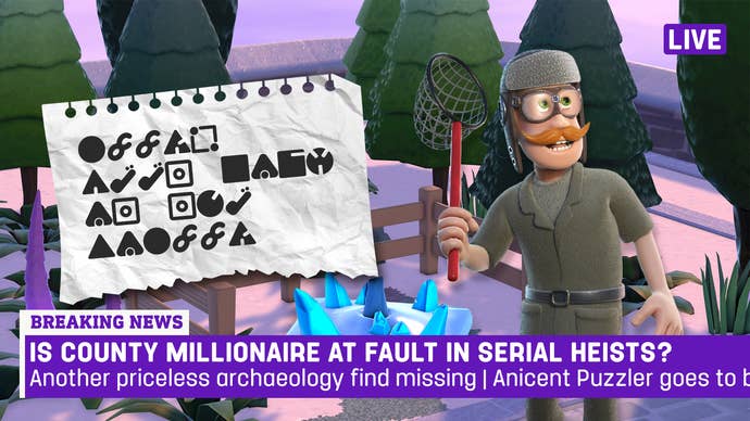 A graphic made up to look like a news show, with a breaking news banner across the bottom reading is county millionaire at fault in serial heists? This is overlaid on a screenshot showing a missing item, snapped off from it’s plinth, with Wiggy and a mysterious notes over top.