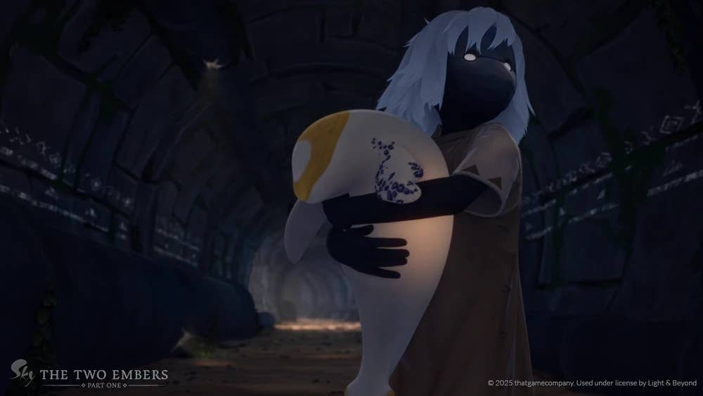 The protagonist of Sky: The Two Embers rescues a wounded manatee