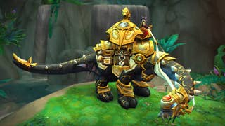 Screenshot of new Trader's Gilded Brutosaur mount in WoW, a gold-plated dinosaur