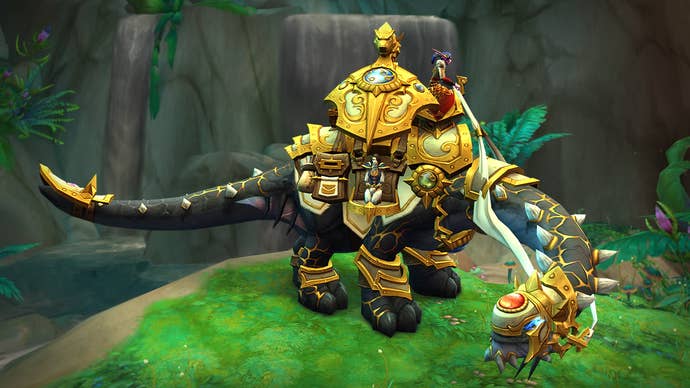 Screenshot of new Trader’s Gilded Brutosaur mount in WoW, a gold-plated dinosaur