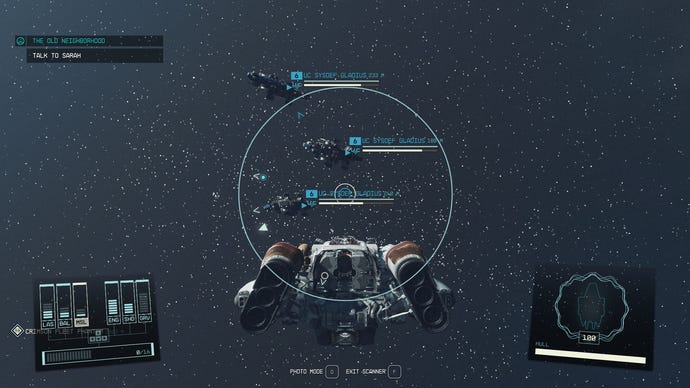 An image of three blue-white United Colonies ships in Starfield, floating in formation close to the player's craft.