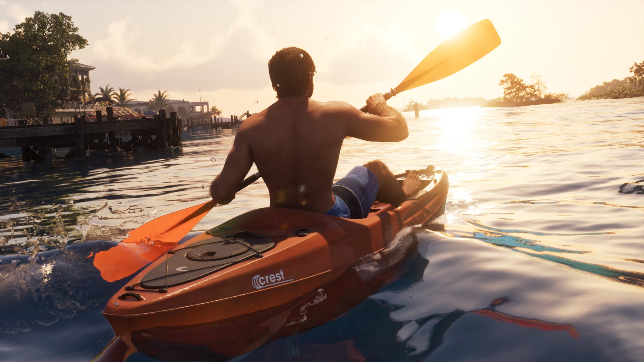 Official GTA 6 image showing Jason from behind, silhouetted at sunset, as he kayaks on rolling water