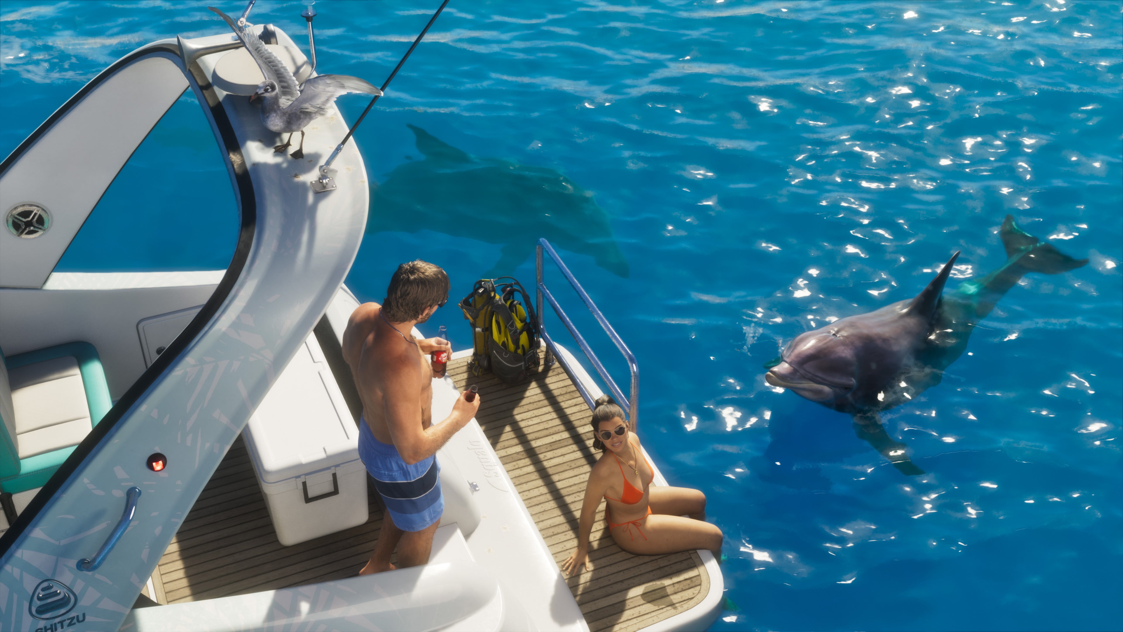 Official GTA 6 image showing Jason and Lucia fishing and feeding dolphins from the back of a boat