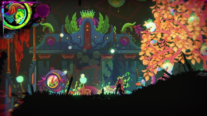 A cloaked character stands in a colourful alien forest scene in Ultros