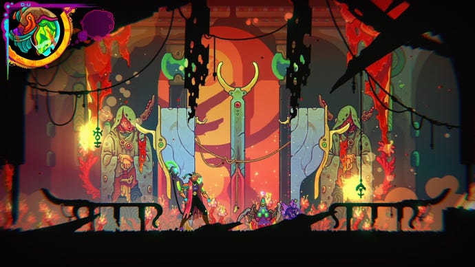 A warrior stands in an alien temple scene in Ultros