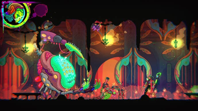 A warrior fights a large, luminous bug monster in Ultros