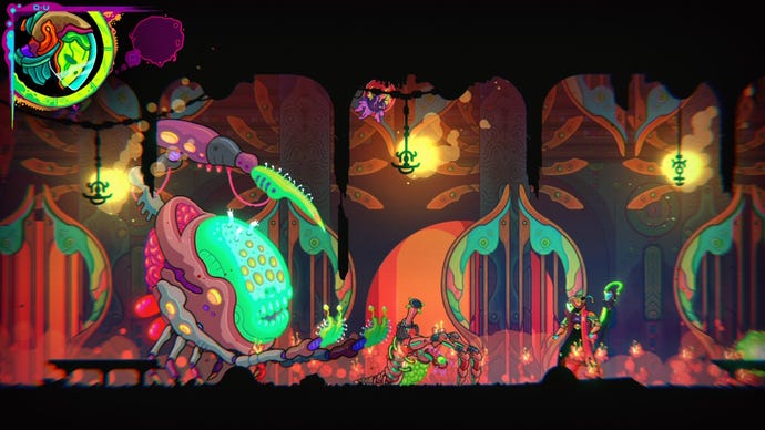 A warrior fights a large, luminous bug monster in Ultros