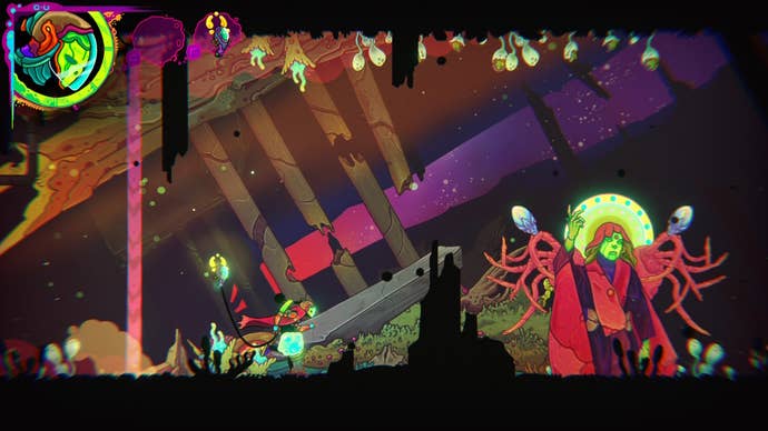 A warrior approaches a status in an alien landscape in Ultros