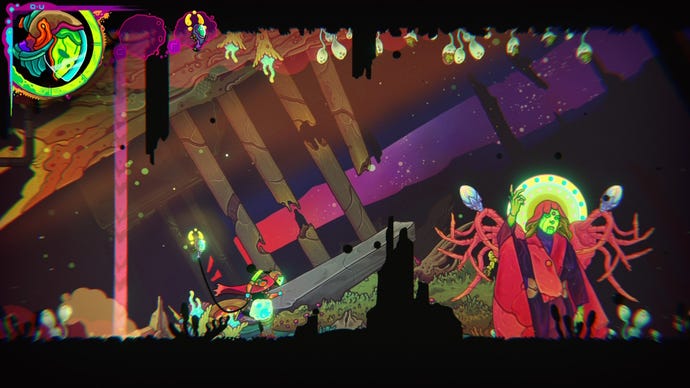 A warrior approaches a status in an alien landscape in Ultros