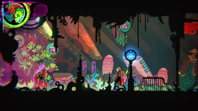 Two cloaked characters converse in an alien landscape in Ultros