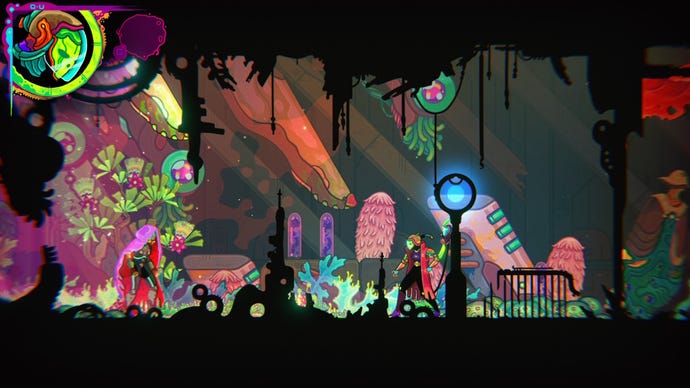 Two cloaked characters converse in an alien landscape in Ultros