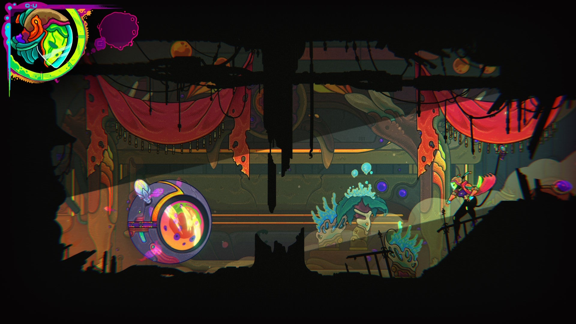 A warrior jumps into a room with a spherical pod inside it in Ultros - 4