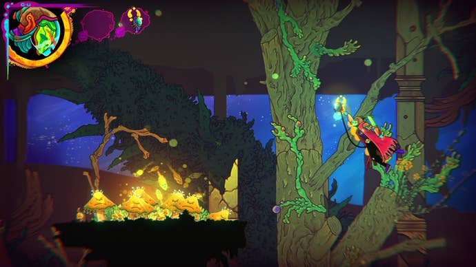 A warrior uses a tethered device to jump through the air in Ultros