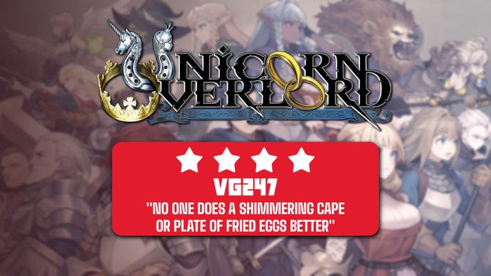 Review header for Unicorn Overlord that reads: "No one does a shimmering cape or plate of fried eggs better" - 4 stars
