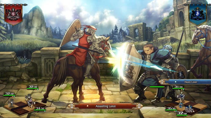 Hodrick shields himself from horseback enemy in Unicorn Overlord