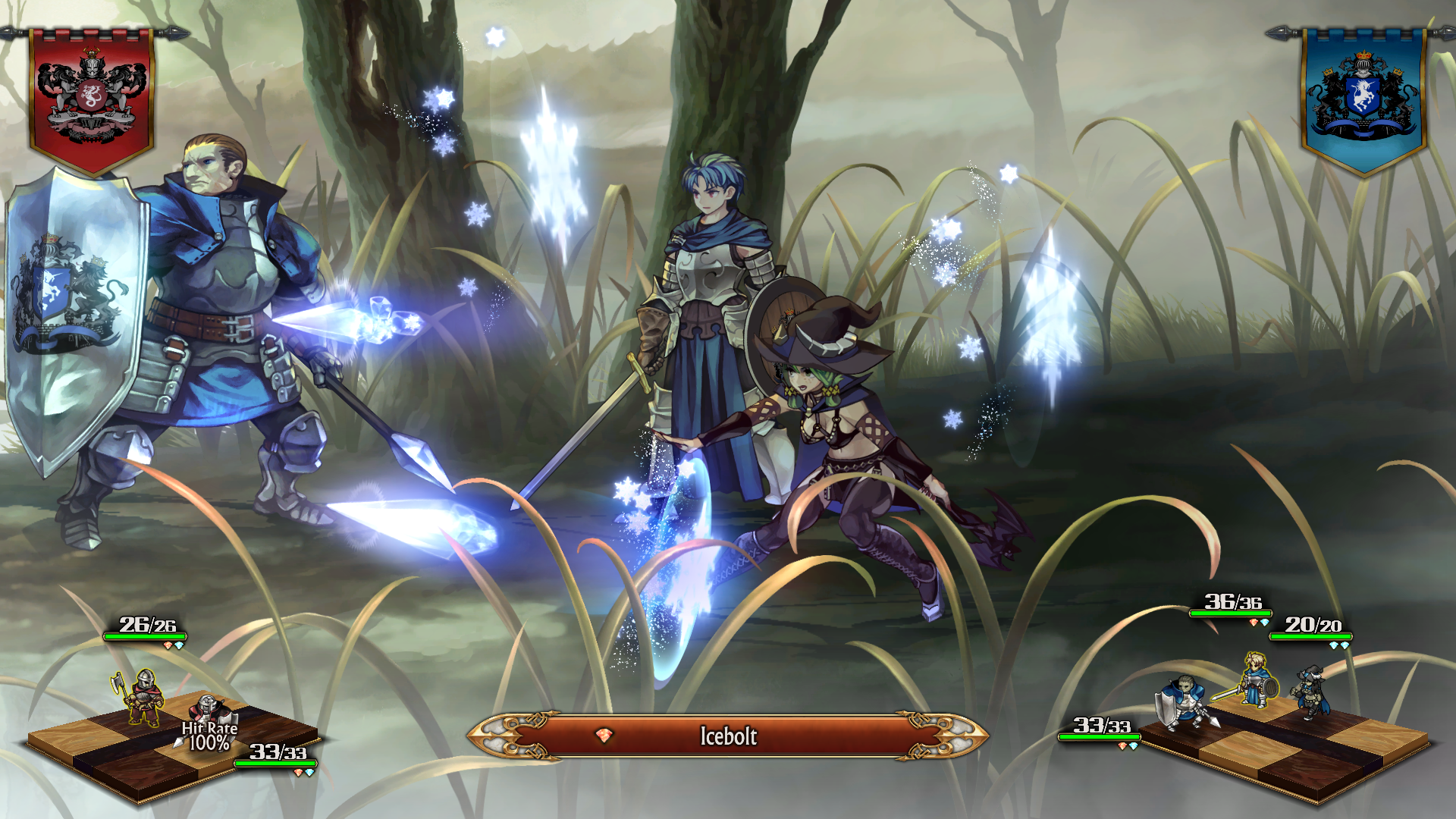 Witch Yahna fires icy magic in a swamp in Unicorn Overlord