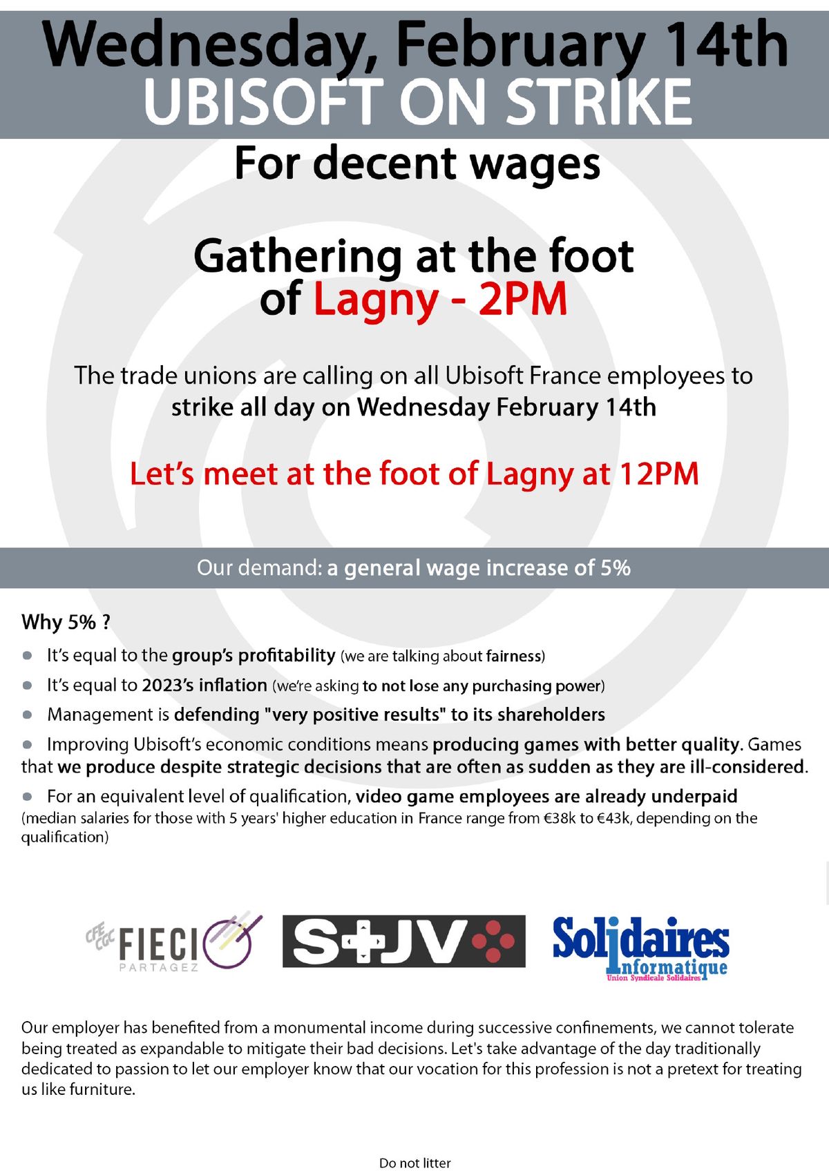 A flier for Ubisoft French employee strike action on 14th Feb 2024 - 3
