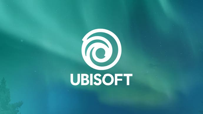 Ubisoft logo - a circular swirl curled in on itself, with the word Ubisoft underneath in capitals - in white, centred on a picture of a borealis