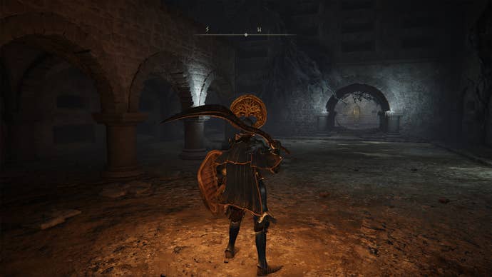 Statue with lever inside the Deathtouched Catacombs in Elden Ring.