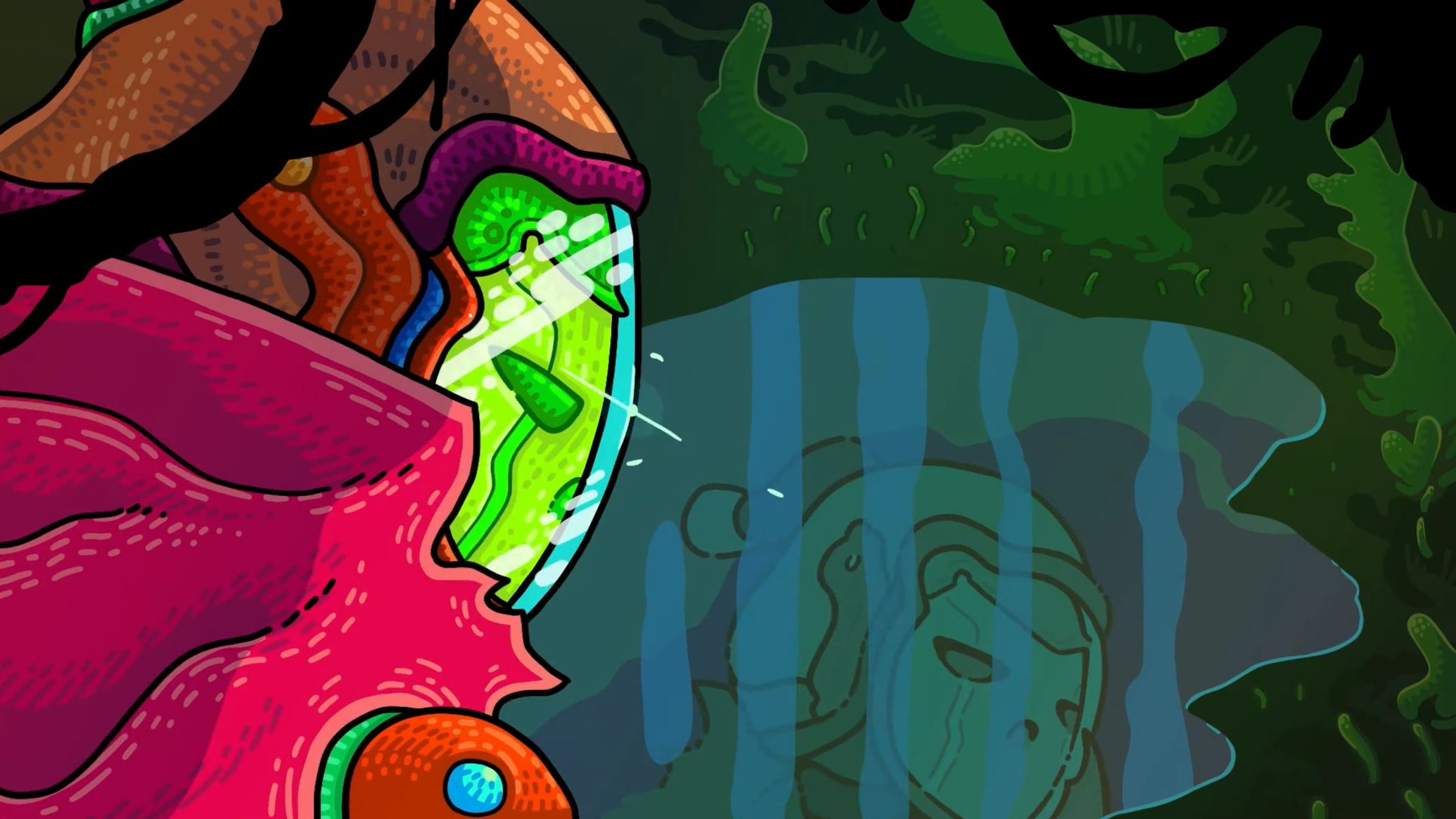 The protagonist of Ultros looks over their shoulder as their reflection appears in a puddle on the ground - 1