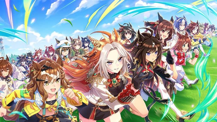 Key art from Umamusume: Pretty Derby that shows many anime horse girls racing.