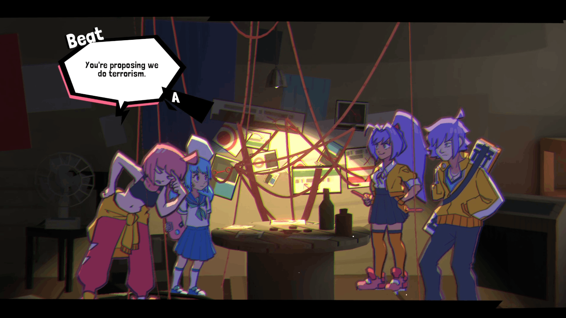 Unbeatable (the band) holds a secret planning meeting in Unbeatable (the game).