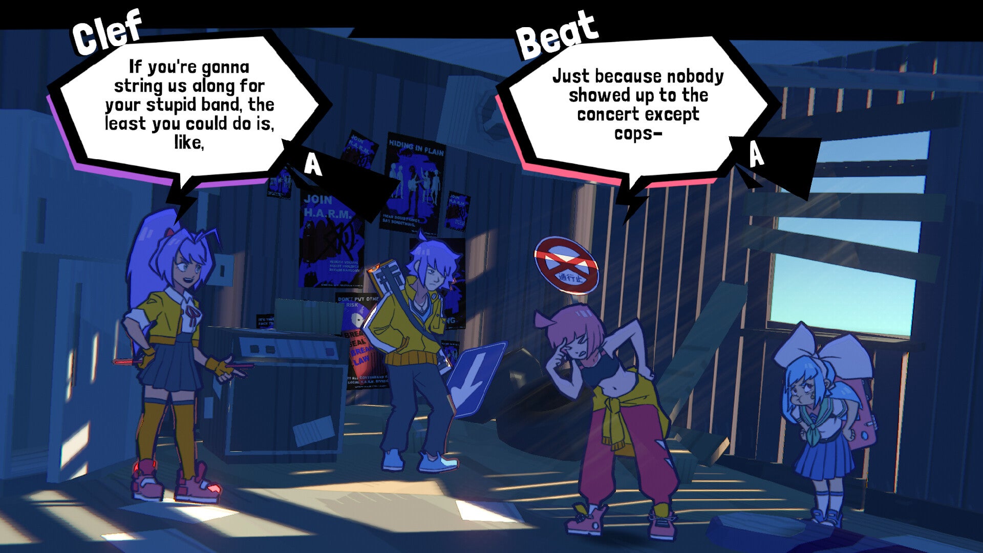 A dialogue scene from Unbeatable, showing four cool cartoon characters in a building with gappy walls.