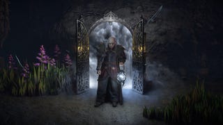 Undertaker Arimor from Path of Exile holds a lantern as he emerges from a set of doors