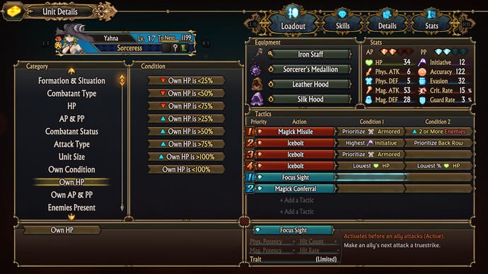 A screenshot from Unicorn Overlord, showing the Tactics menu