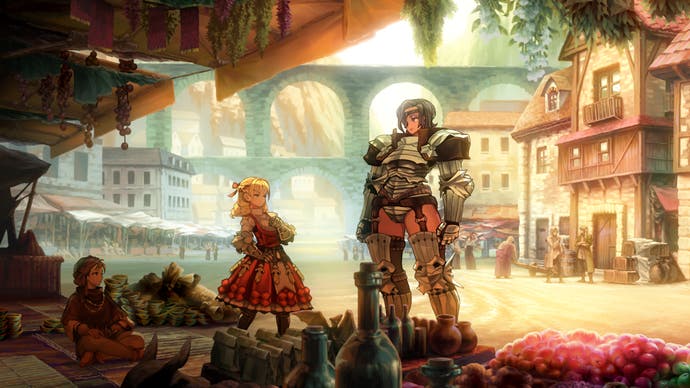 A screenshot from Unicorn Overlord, showing Scarlett encountering a tall woman in a sandy city
