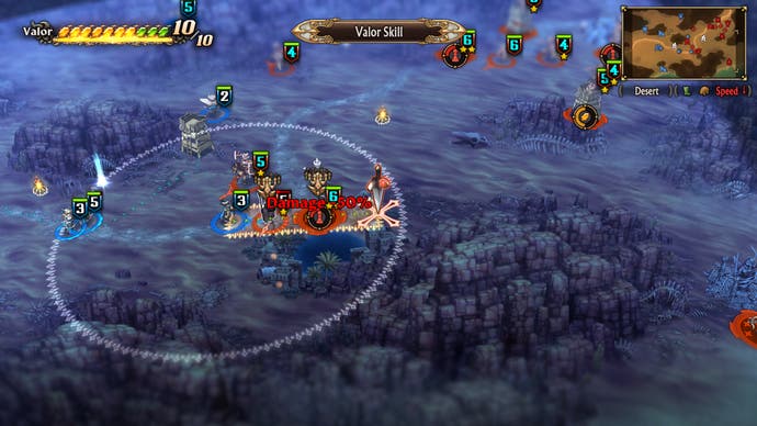 Una captura de pantalla de Unicorn Overlord, que muestra una batalla de arriba hacia abajo.